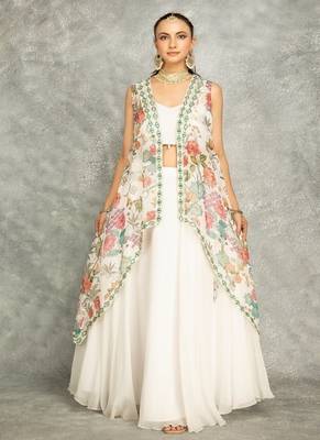 White Lehenga With Embroidered Cape and Crop Top Bustier 1