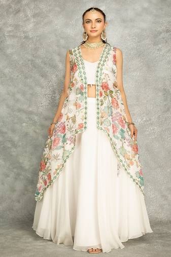 White Lehenga With Embroidered Cape and Crop Top Bustier
