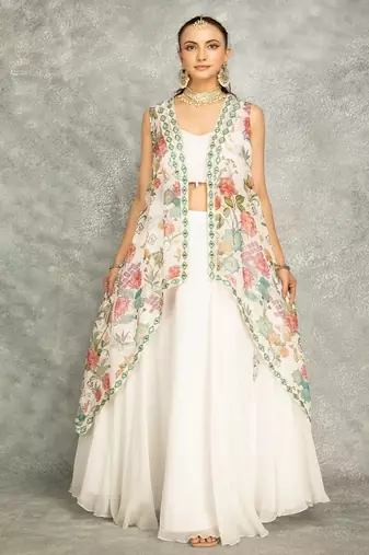 White Lehenga With Embroidered Cape and Crop Top Bustier