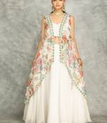 White Lehenga With Embroidered Cape and Crop Top Bustier