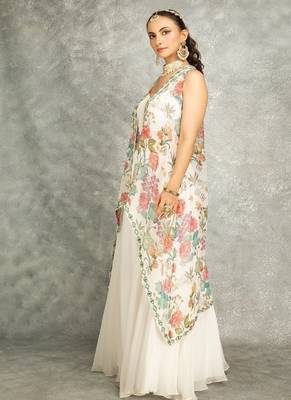 White Lehenga With Embroidered Cape and Crop Top Bustier 2