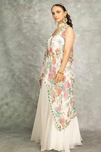 White Lehenga With Embroidered Cape and Crop Top Bustier