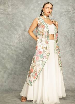 White Lehenga With Embroidered Cape and Crop Top Bustier 3