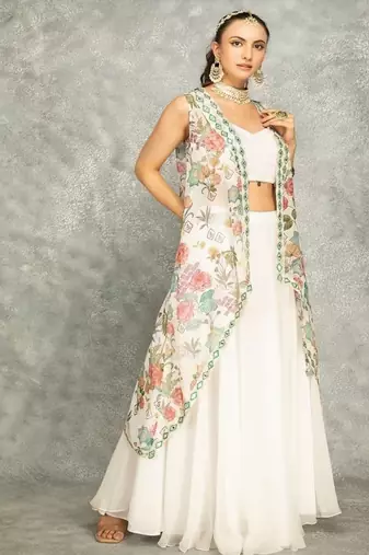White Lehenga With Embroidered Cape and Crop Top Bustier