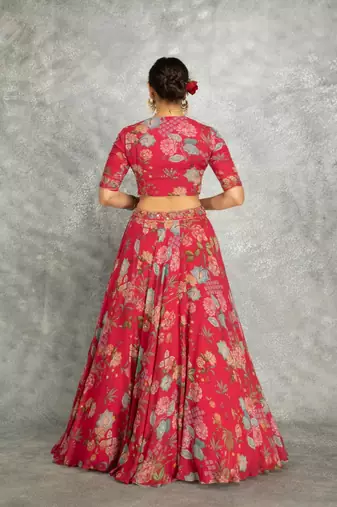 Hot Pink Floral Printed Lehenga with Embroidered Blouse & Dupatta