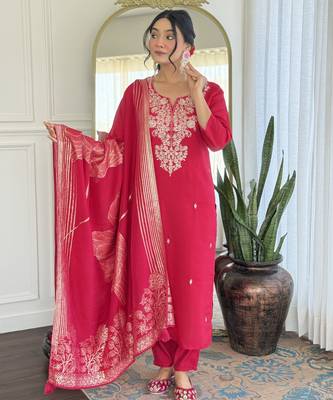Women  Roman Silk Straight Kurta Pant and Dupatta Set 1