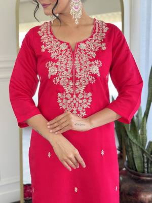 Women  Roman Silk Straight Kurta Pant and Dupatta Set 4
