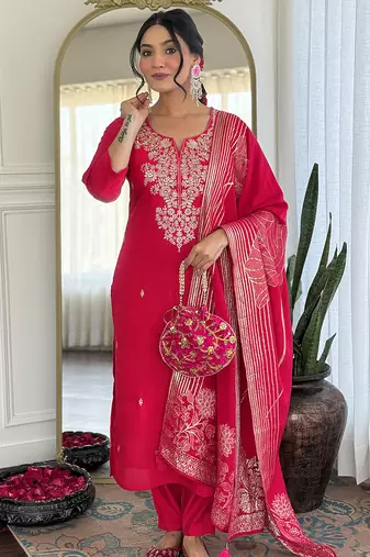 Women  Roman Silk Straight Kurta Pant and Dupatta Set