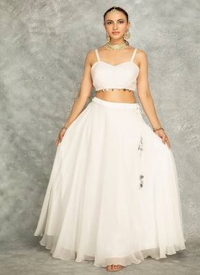 White Lehenga With Embroidered Cape and Crop Top Bustier 5