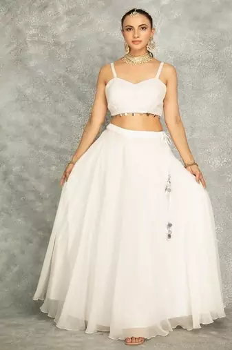 White Lehenga With Embroidered Cape and Crop Top Bustier