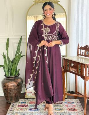 Women Beautiful Vichitra Silk Flared Kurta Pant and Dupatta Set 1