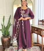 Women Beautiful Vichitra Silk Flared Kurta, Pant and Dupatta Set