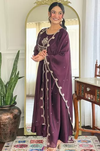 Women Beautiful Vichitra Silk Flared Kurta Pant and Dupatta Set