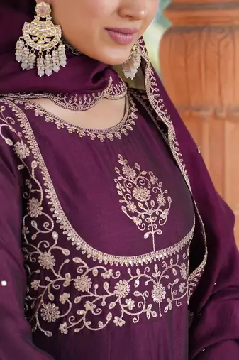 Women Beautiful Vichitra Silk Flared Kurta Pant and Dupatta Set
