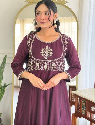 Women Beautiful Vichitra Silk Flared Kurta Pant and Dupatta Set 5