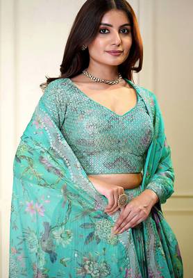Digital Print Georgette sequin Work Lehenga Choli With Unstitched Blouse and Dupatta 3