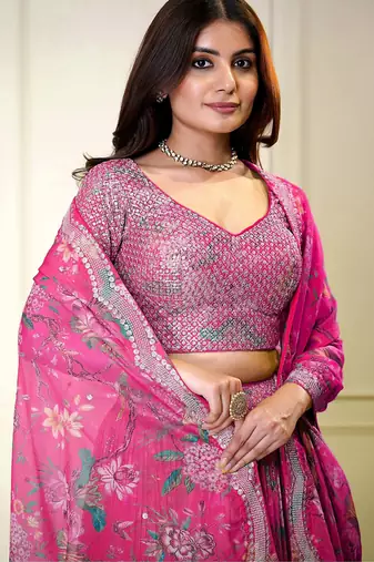 Digital Print Georgette sequin Work Lehenga Choli With Unstitched Blouse and Dupatta