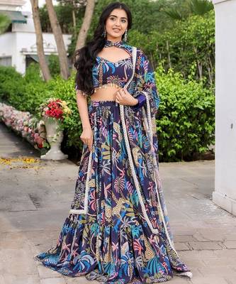 Digital Print Georgette sequin LaceWork Lehenga Choli With Unstitched Blouse and Dupatta 1
