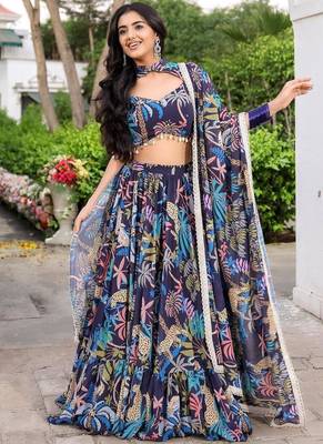 Digital Print Georgette sequin LaceWork Lehenga Choli With Unstitched Blouse and Dupatta 2