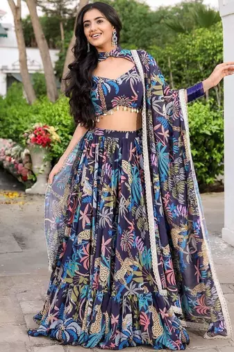 Digital Print Georgette sequin LaceWork Lehenga Choli With Unstitched Blouse and Dupatta
