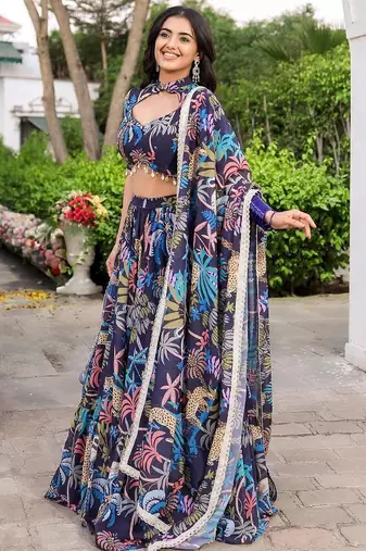 Digital Print Georgette sequin LaceWork Lehenga Choli With Unstitched Blouse and Dupatta
