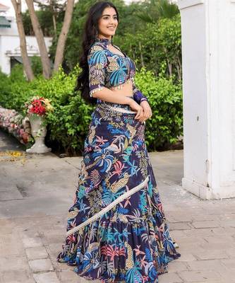 Digital Print Georgette sequin LaceWork Lehenga Choli With Unstitched Blouse and Dupatta 5