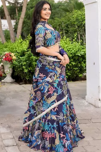 Digital Print Georgette sequin LaceWork Lehenga Choli With Unstitched Blouse and Dupatta
