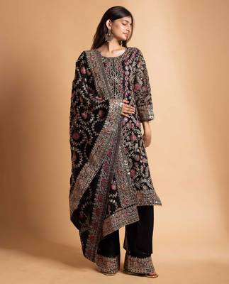 Black Georgette Kurta Pant Set with Dupatta 1