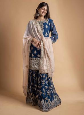 Blue faux georgette embroidered kurta with pant & dupatta 1