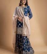 Blue faux georgette embroidered kurta with pant & dupatta