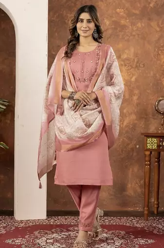 Peach colour with embrodiery work marin silk stitch for women