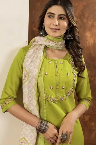 Parrot green colour with embrodiery work marin silk stitch for women