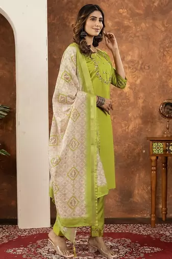 Parrot green colour with embrodiery work marin silk stitch for women