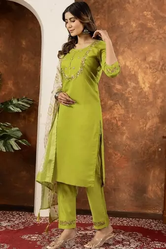 Parrot green colour with embrodiery work marin silk stitch for women