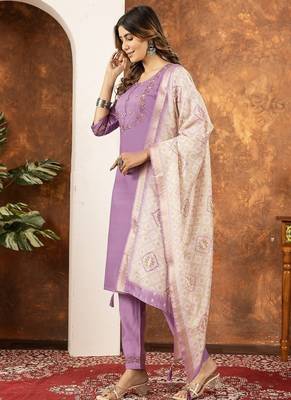 Lavender colour with embrodiery work marin silk stitch for women 2