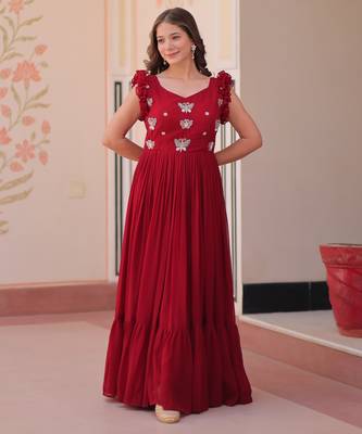 Maroon faux blooming with sequins multithreaded beads embroidered work gown 1