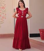 Maroon faux blooming with sequins multithreaded beads embroidered work gown