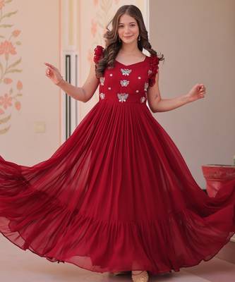 Maroon faux blooming with sequins multithreaded beads embroidered work gown 2