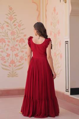 Maroon faux blooming with sequins multithreaded beads embroidered work gown 3