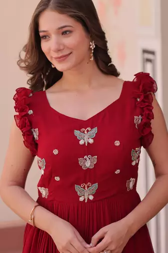 Maroon faux blooming with sequins multithreaded beads embroidered work gown
