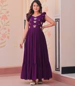 Purple faux blooming with sequins multithreaded beads embroidered work gown
