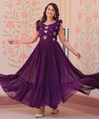 Purple faux blooming with sequins multithreaded beads embroidered work gown 2