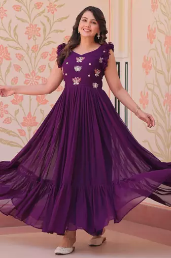 Purple faux blooming with sequins multithreaded beads embroidered work gown