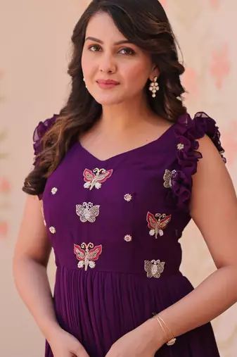 Purple faux blooming with sequins multithreaded beads embroidered work gown