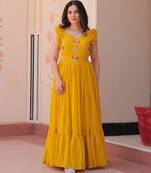 Yellow faux blooming with sequins multi threaded beads embroidered work gown