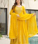 Yellow faux blooming with embroidery zari sequins work gown