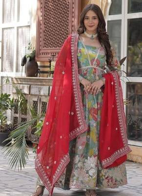 Multicolor russian silk foil embroidery with zari sequins & digital printed gown dupatta 1