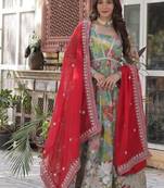Multicolor russian silk foil embroidery with zari sequins & digital printed gown dupatta