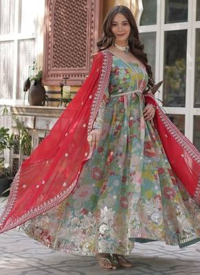 Multicolor russian silk foil embroidery with zari sequins & digital printed gown dupatta 2