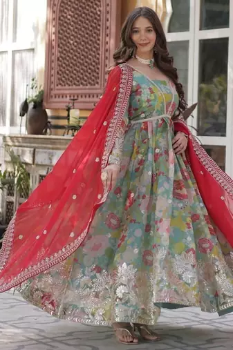 Multicolor russian silk foil embroidery with zari sequins & digital printed gown dupatta
